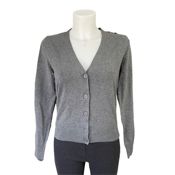 WOOLEN BLOOM FINE KNIT V NECK BUTTON‎ UP CARDIGAN/ SWEATER TOP GRAY SZ XS NEW! - Picture 1 of 10